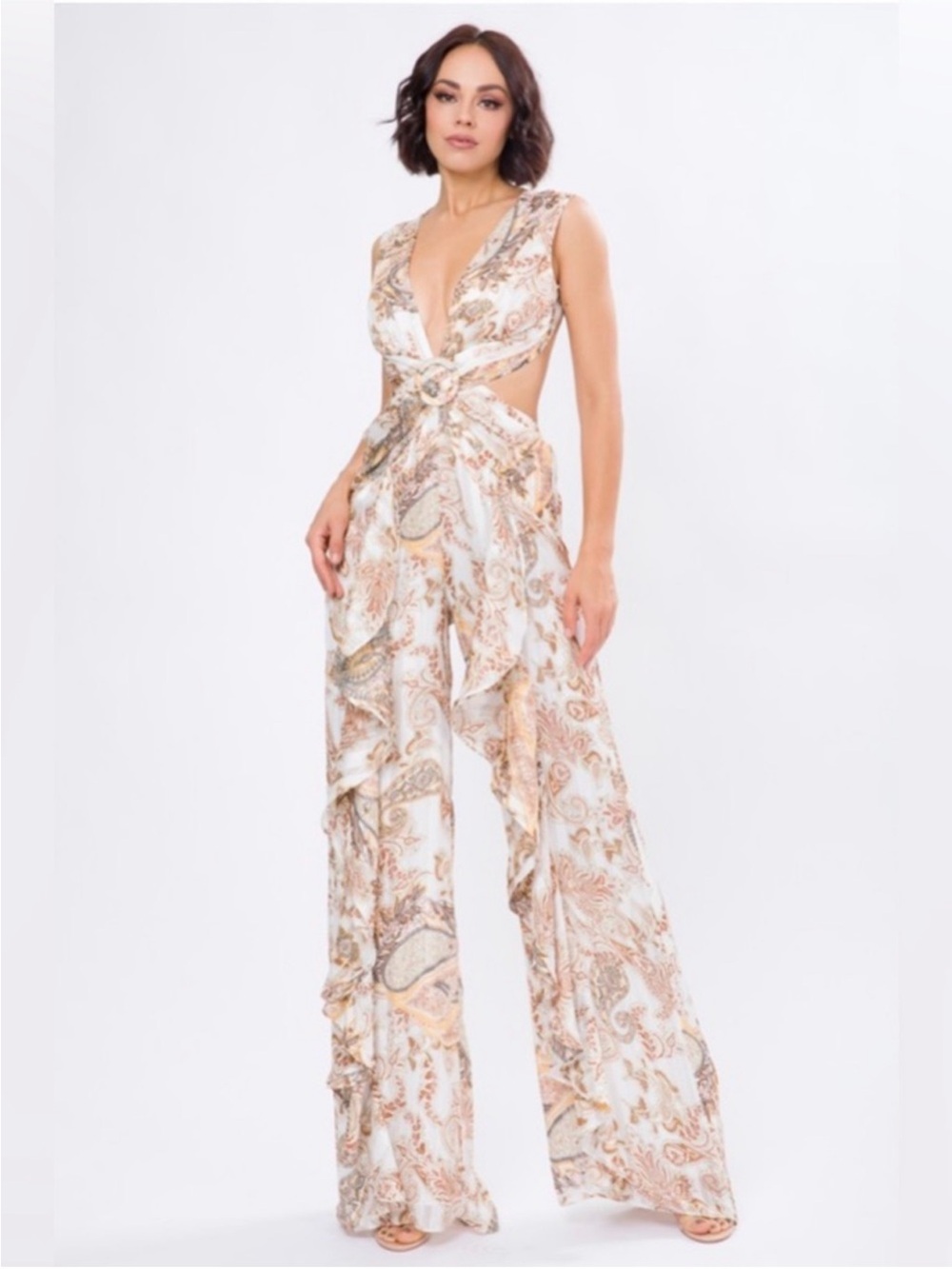 Paisley Cutout Wide-Leg Jumpsuit in Ivory and Gold